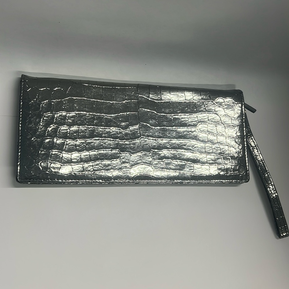 Lodis Metalic Silver Pewter Croc Embossed Leather Long Clutch Wristlet